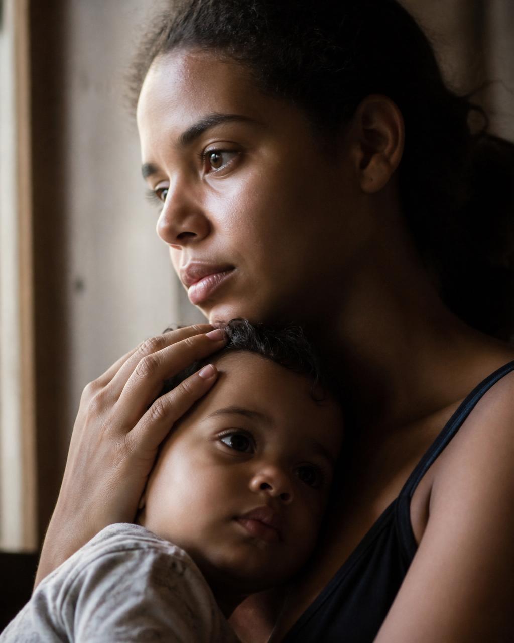 Mãe brasileira segurando seu filho